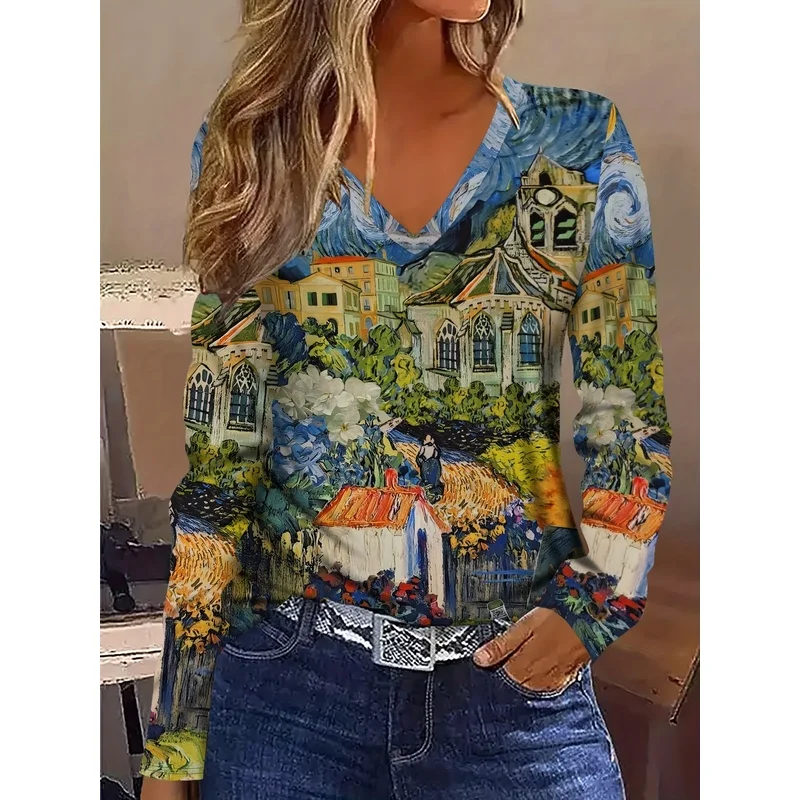 Women Plus Size V Neck Long Sleeve Tee Shirt Botanical Urban Architecture Print Casual Fall Winter Top Machine Washable Layering