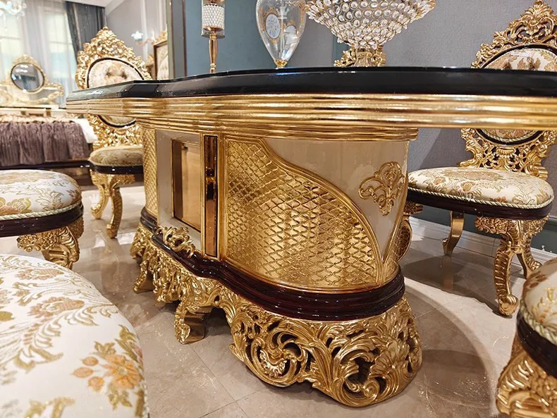 DSA court dining table and chair combination, solid wood carved gold dining table, luxury high-end long dining table