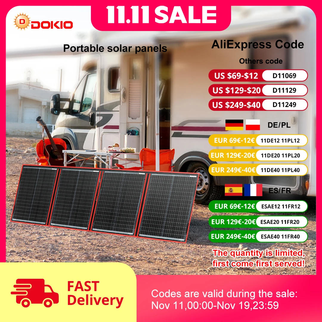 Dokio 97W 150W 195W 295W Portable Foldable Solar Panel with 12V Controller Flexible Solar Panel for Family Camping Trip