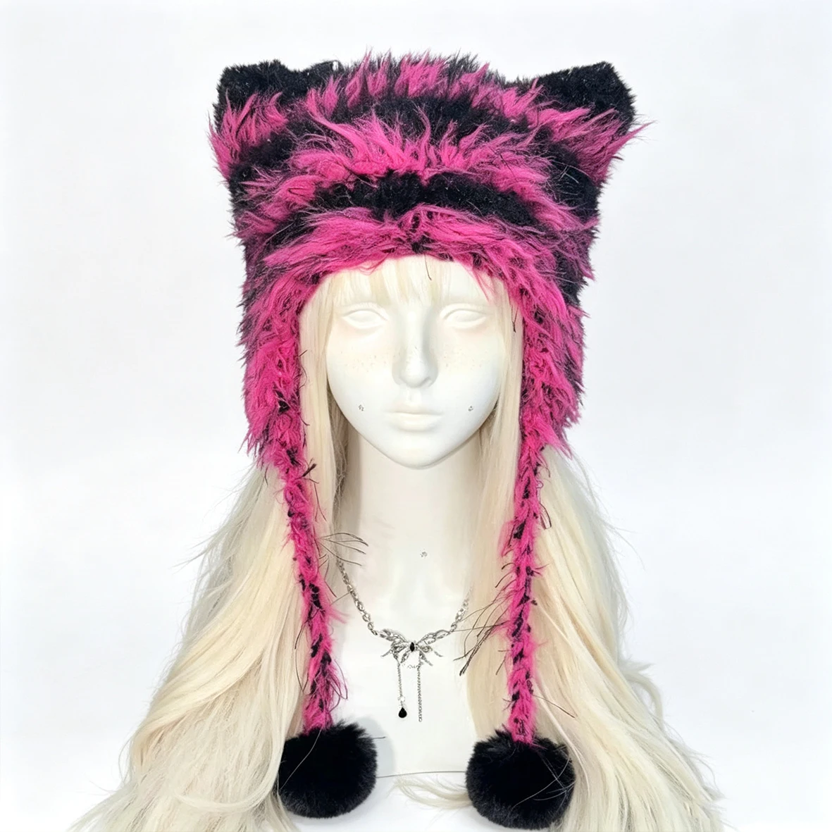 Custom Hand‑Crocheted Black Pink Cat Ear Beanie Women Fuzzy Pom Striped Knit Hat Men Winter Punk Grunge Goth Y2K Headwarmer