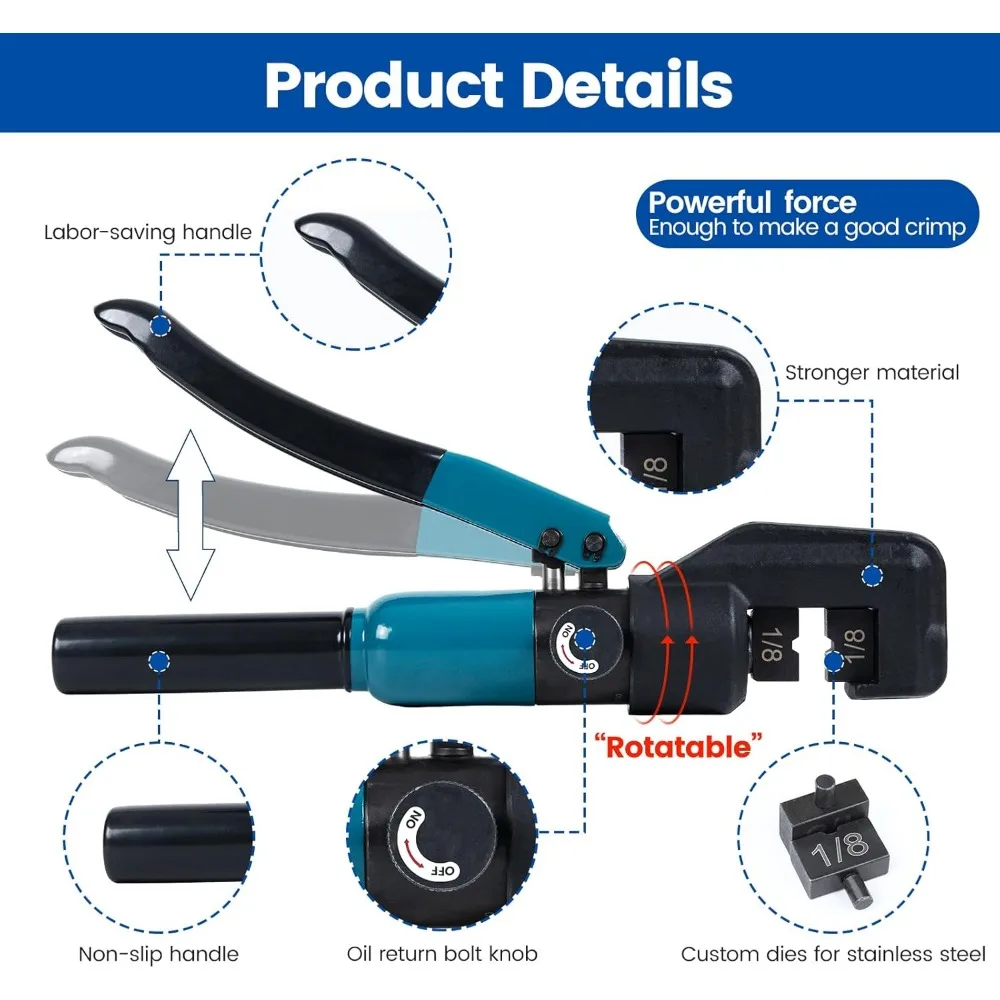 Hydraulic Crimping Tool for 1/8" Stainless Steel Cable Railing Kit, Wire Rope Swaging Tool CR09