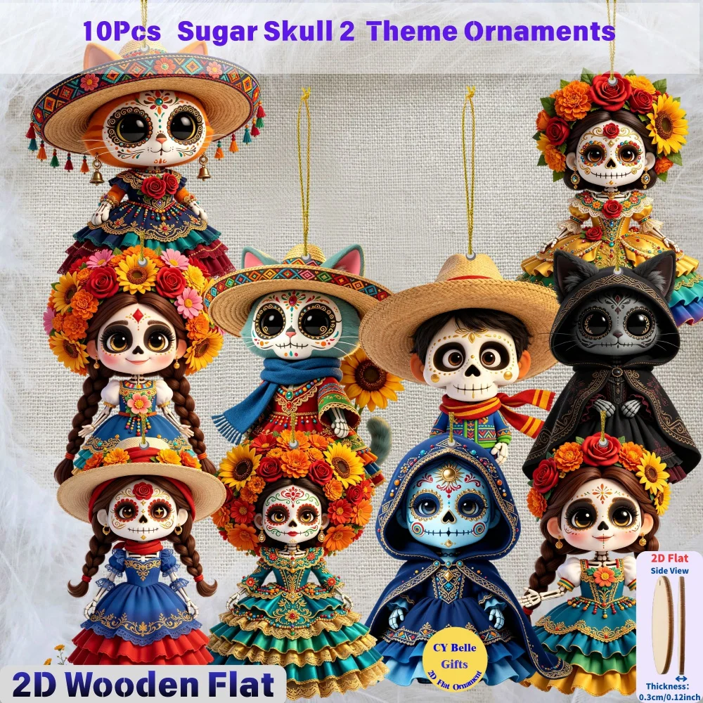 2D Flache Holz-Süßigkeiten-Totenkopf-Hängeornamente für Halloween, Tag der Toten, Weihnachten, Schulanfang, Zuhause, Büro, Klassenzimmer, Auto, Schlüsselanhänger – Detail 1