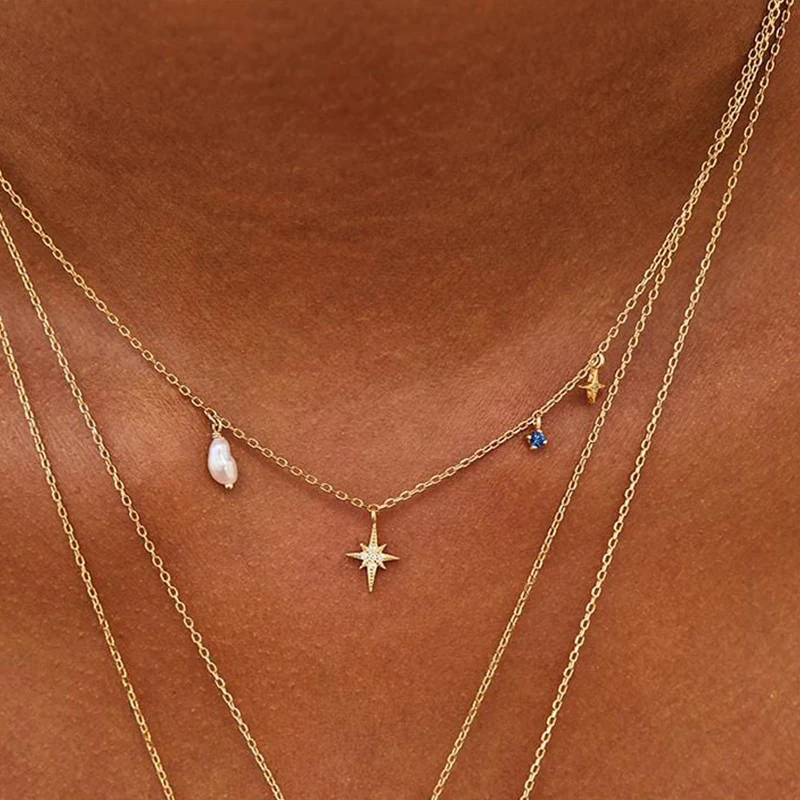 AIDE 925 Sterling Silver Diamond Octagonal Star Pearl Pendant Necklaces Clavicle Chain for Women Charms Jewelry Gift Collares CZ