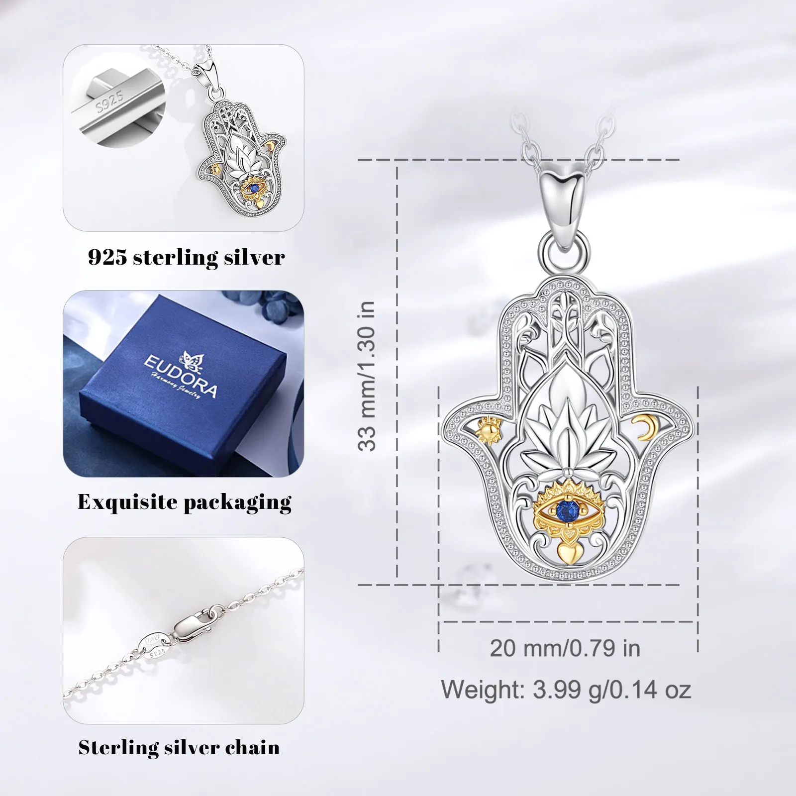 Eudora 925 Sterling Silver Fatima Hamsa Hand Pendant Turkish Evil eye Lucky Lotus Necklaces Spiritual Jewelry for Women Men Gift