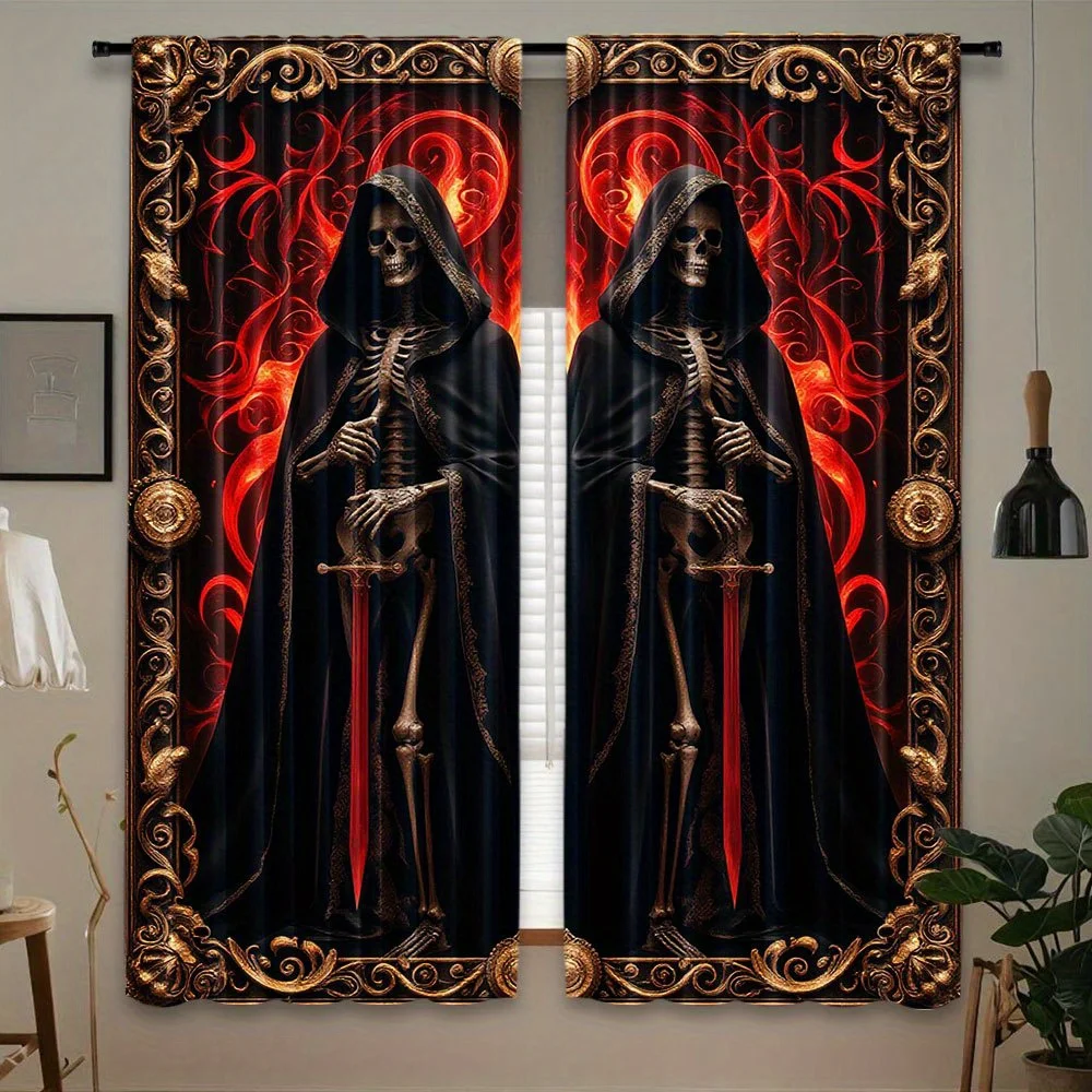 2 Pieces, Gothic Reaper Rose Dark Art Themed Curtains, Best Choice for Bedroom Living Room Home Halloween Decoration