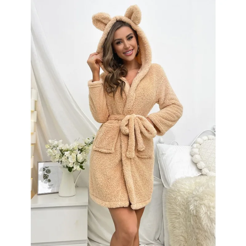 Khaki Flannel Women Robes Pajamas Nightgown Autumn Winter Long Sleeves Europe and America Style Casual Pyjamas Soft Pijamas Cozy