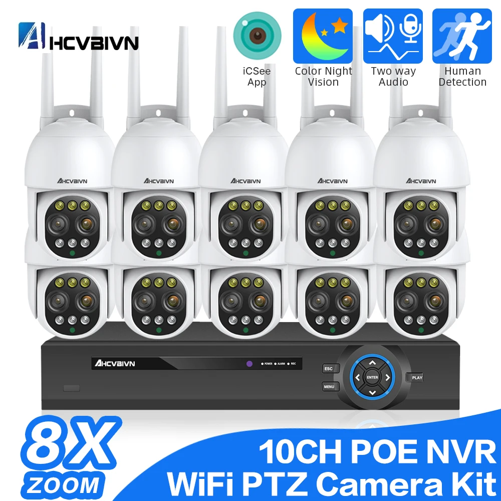 

8MP 4K PTZ IP Camera 8x Zoom Dual-Lens Human Detect 4K CCTV POE NVR Outdoor CCTV Wifi Video Surveillance 10CH System ICSEE