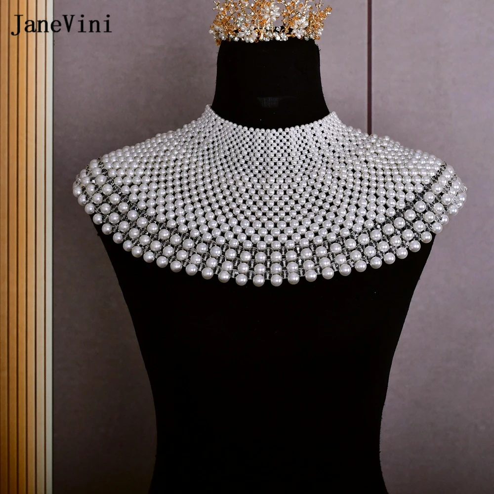 JaneVini Vintage Dubai Arabia Bridal Shoulder Necklace Fashion Body Chain Pearls Beaded Women Layered Choker Wedding Accessories