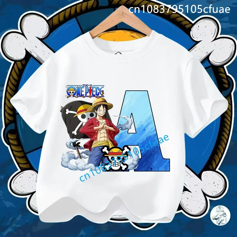 

One Piece Luffy T-shirt for Children Anime Letter A-Z Tee Top New Cartoon Round Collar Clothes Fashion Kids White Clothing Gift