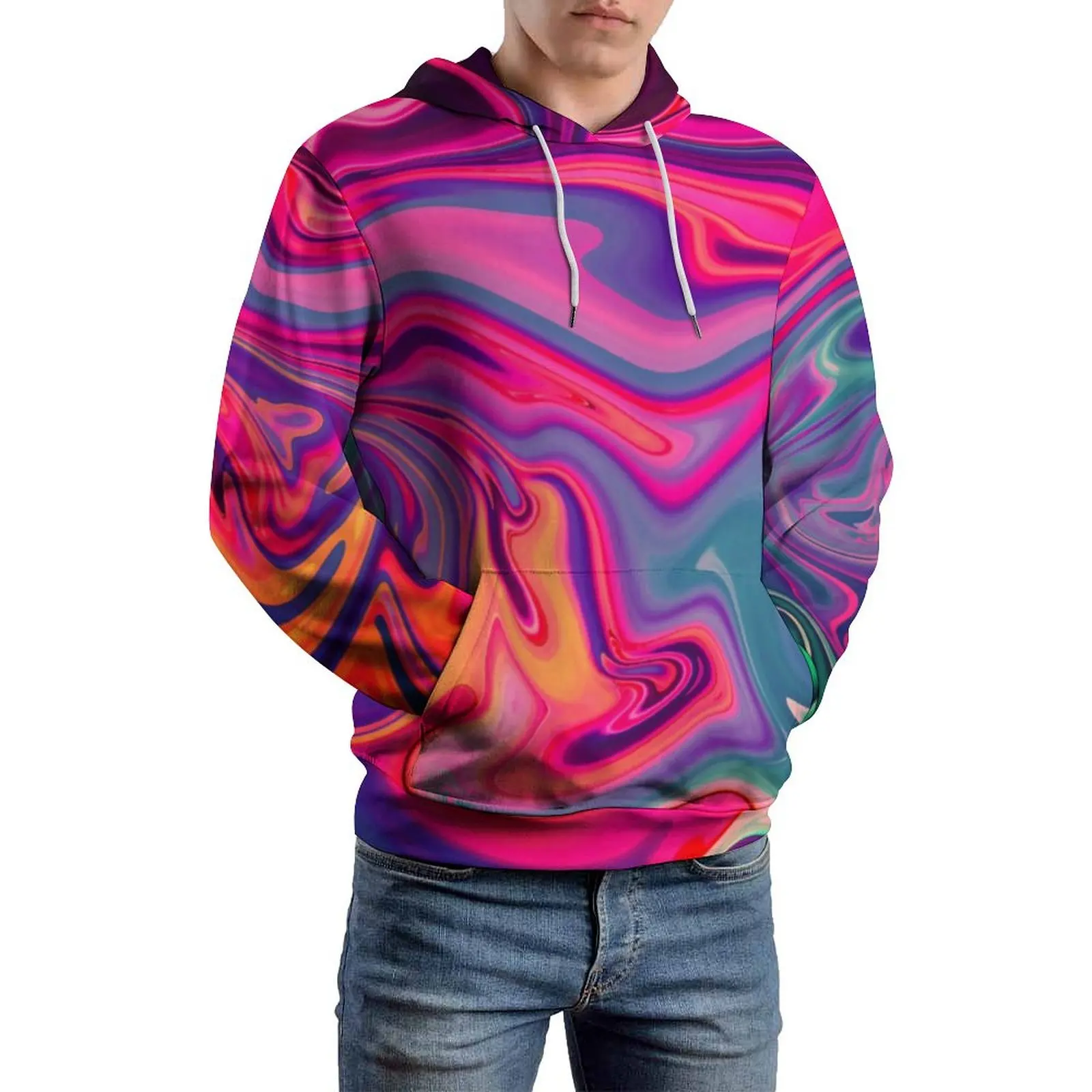 

Neon Liquid Loose Hoodies Marble Abstract Print Y2k Hoodie Man Long Sleeve Oversized Street Fashion Custom Clothes