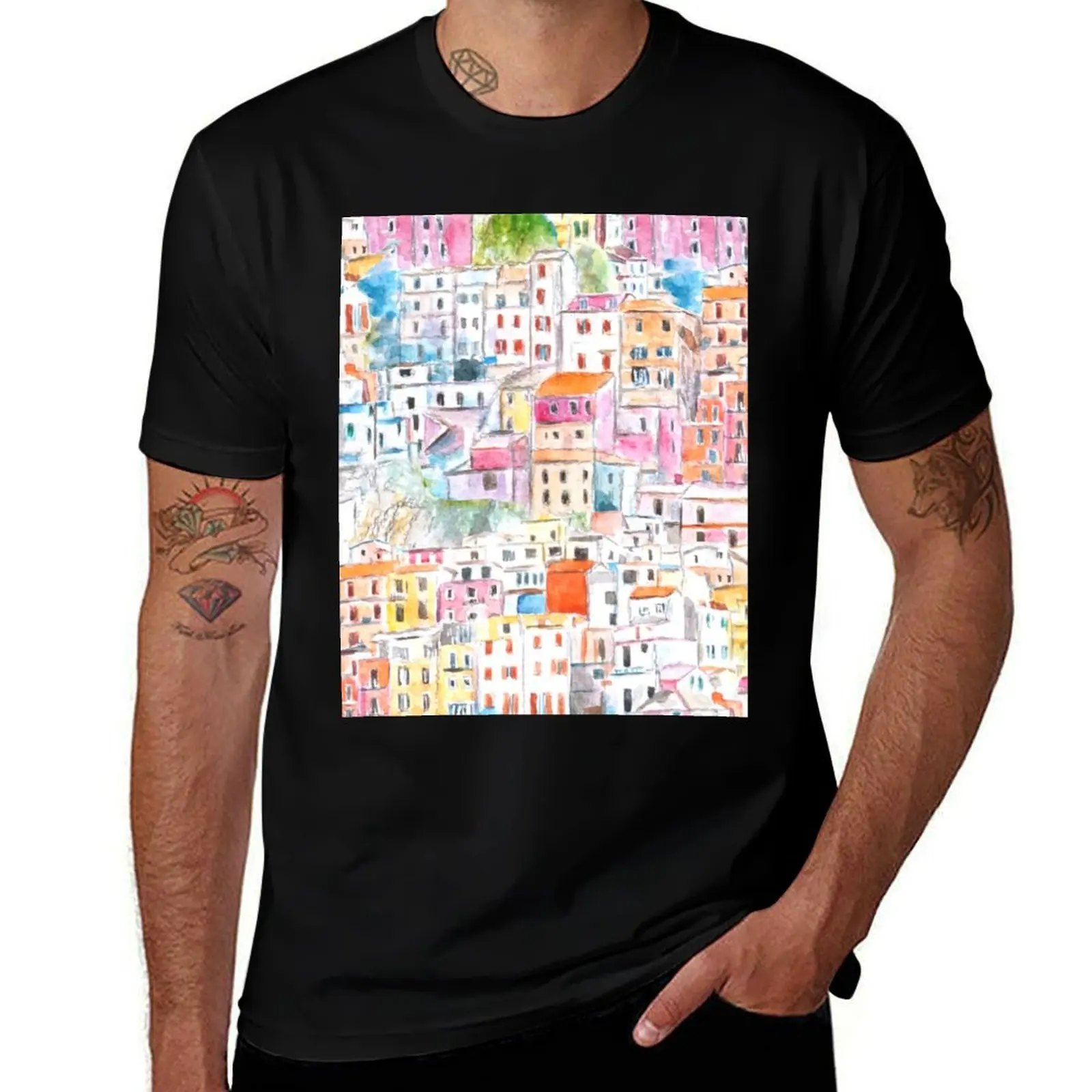 Italy Cinque Terre pattern watercolor painting T-Shirt Casual Basic Short Sleeve T-Shirt