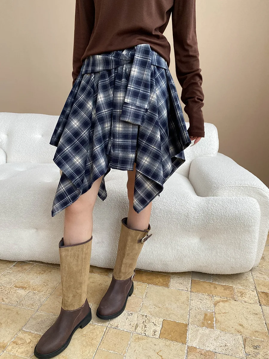 

Американский ретро-дизайн неровного полога с короткой клетчатой юбкой с завышенной талией