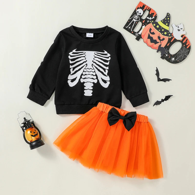 

2024-07-27 Lioraitiin Toddler Girl Halloween Outfit Skeleton Print Long Sleeve Crew Neck Sweatshirt with Tulle A-Line Skirt Set