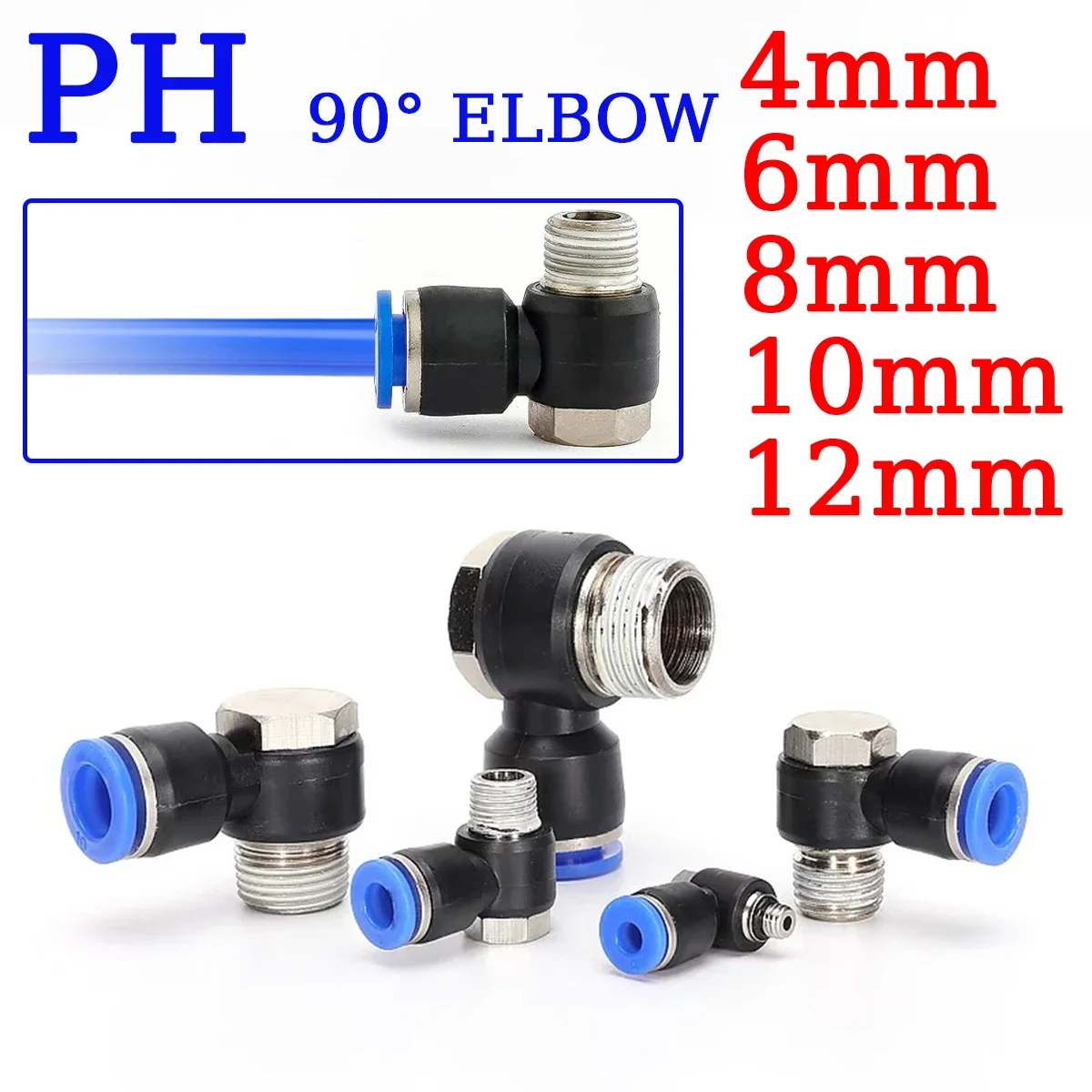 1PCS PH Series 90 Degree Pneumatic Push-to-Connect Elbow Fitting 4-12mm Tube M5 1/8 1/4 3/8 1/2 Male Thread Air Hose Connector