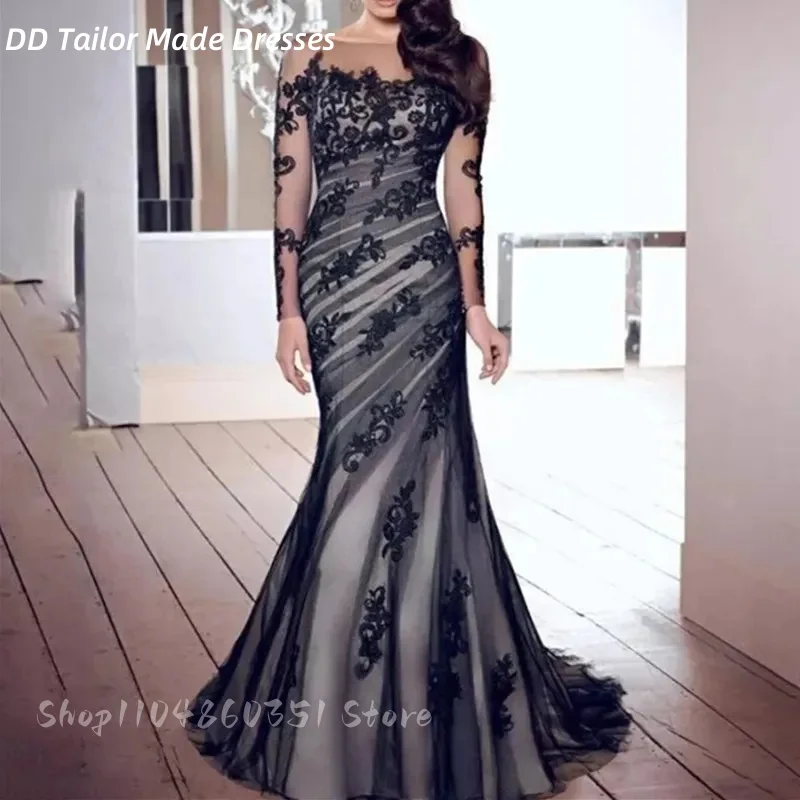 

Vintage Pleats Black Mermaid Wedding Dress Lace Appliques Long Sleeves Elegant Gothic Reception Gown Customized