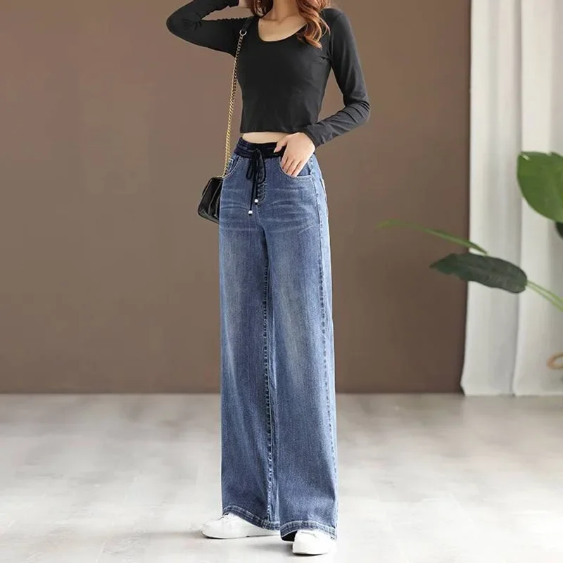 Calça Jeans larga vintage de cintura alta feminina, branqueada, com renda acima, estiramento, largo, grande, mãe, calças jeans, moda, 34