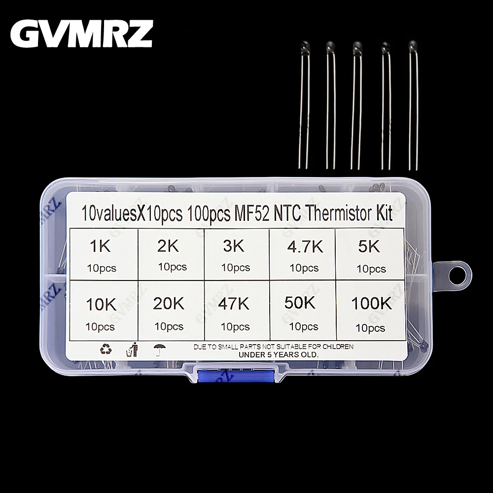 100PCS 10Values*10PCS NTC Thermistor Thermal Resistor kit MF52 NTC-MF52AT 1K 2K 3K 4.7K 5K 10K 20K 47K 50K 100K 5% 3950B