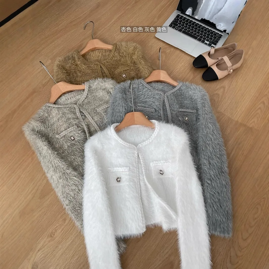 Faux Mink Furry Sweater Cropped Cardigan Y2k Vintage Top Cardigan for Women Outerwears Women's Clothing Trend 2024 Outerwear