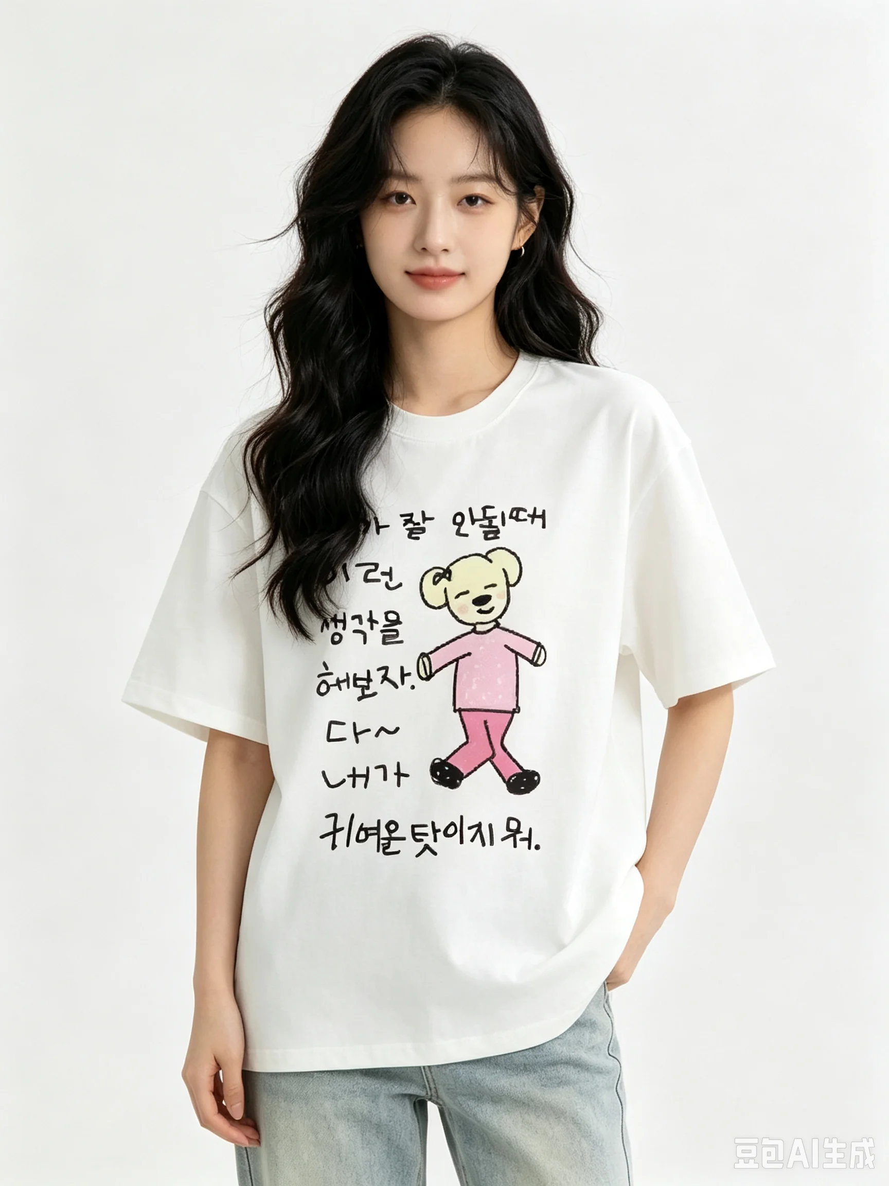 Hand-Drawn Cute Cartoon Dog in Pink Casual White Short-Sleeve T-Shirt with Korean Fun Text, Skin-Friendly for Daily Wear