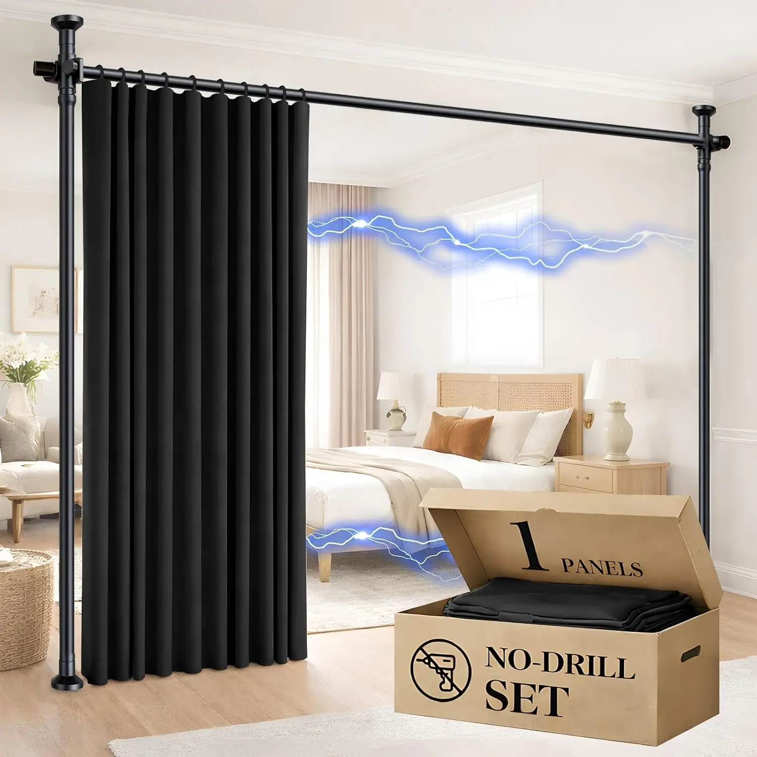 Black 100W 96L 1 Pack No Drilling Curtain Rod Set Room Divider Curtain Partition Bedroom Wall