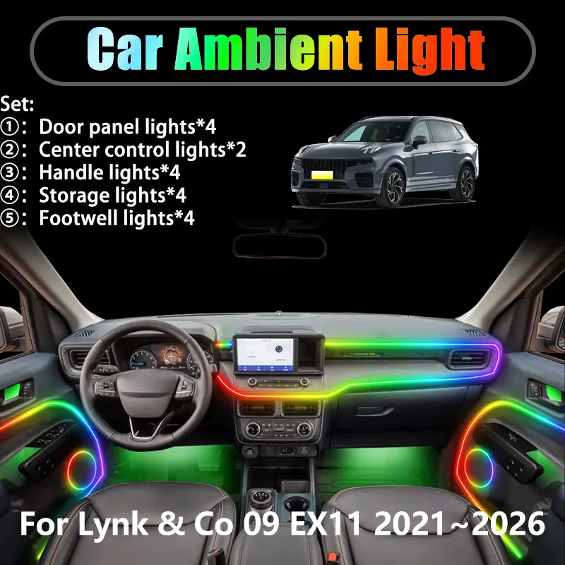 

Для Lynk & Co 09 EX11 2021 ~ 2026 2022 2/18 в 1 Автомобильное окружающее освещение Светодиодные внутренние светодиодные фонари багажника USB RGB Ensemble Streamer Auto