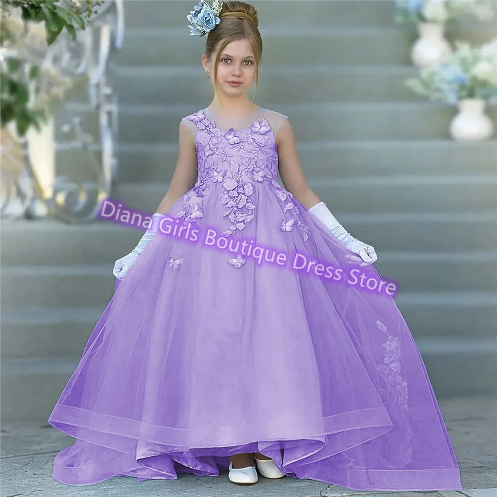 Flower Girl Dress Tulle Applique with Butterfly Long Kids Princess Girls Birthday Wedding Dress Party First Communion Ball Gown