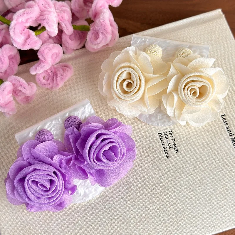 Fabric Flower Earrings Beach Vacation Style Exaggerated Stud Unique Pretty Lightweight Handmade for Women Girls Daily Party Wear