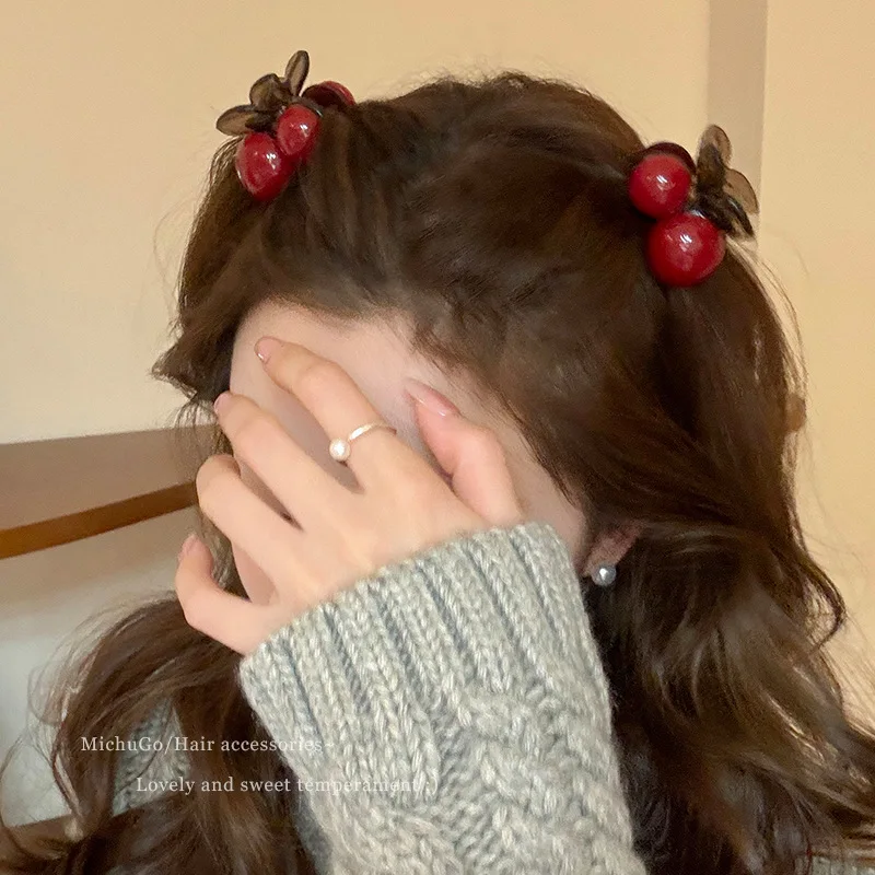 Cherry Red Bow Velvet Texture Elegant Hair Clip Fashionable Versatile Edge Hairpin Sweet Cool Headwear Girl Hair Accessories