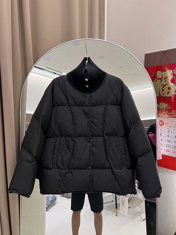 2025 mulheres nova malha emenda para baixo jaqueta feminina estilo curto literário e artístico versátil solto pato branco para baixo jaqueta