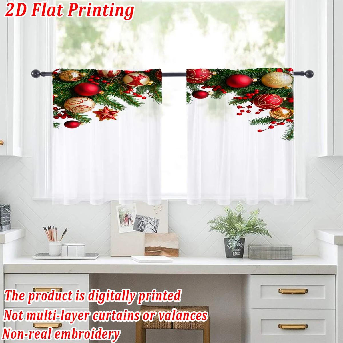 Christmas Flat Printing Kitchen Sheer Curtain with Christmas Ball Berry Pine Branch Ornament For Christmas Home Decor  Party