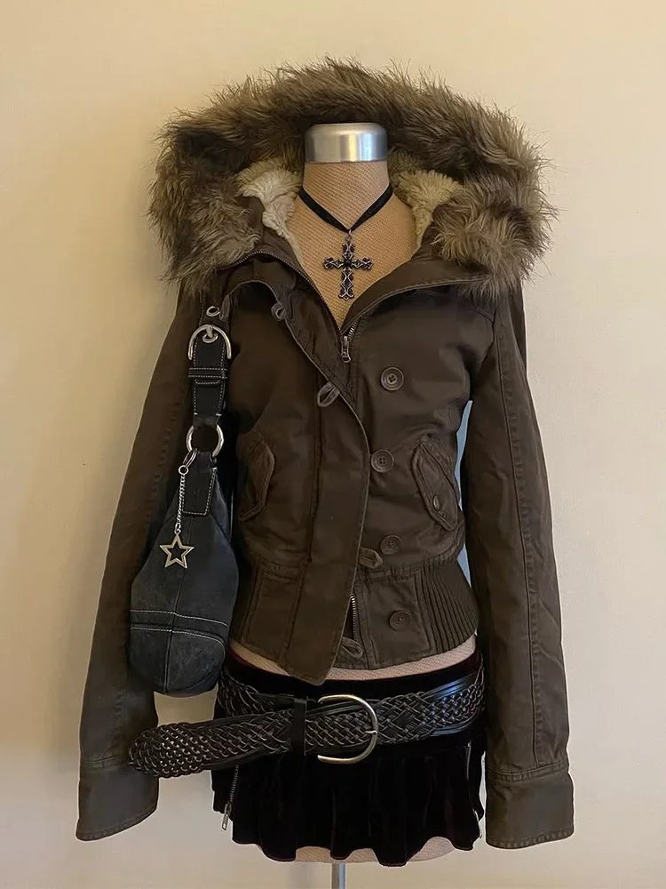 La veste d'hiver vintage SLE peut accueillir une doublure FCE marron JAET femme slim et détails de boutons en fourrure longue fermeture éclair Sve