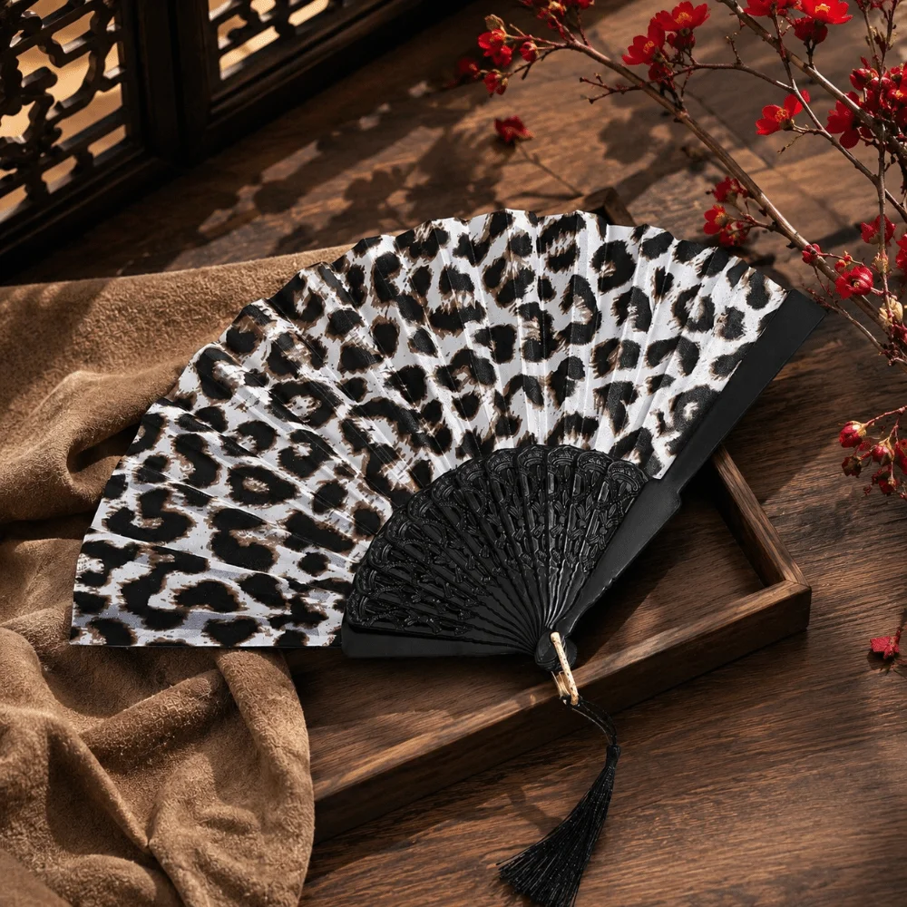 Portable Collapsible Folding Fan Tassel Handheld Cloth Fan Decorative Leopard Print Fan Party Gift