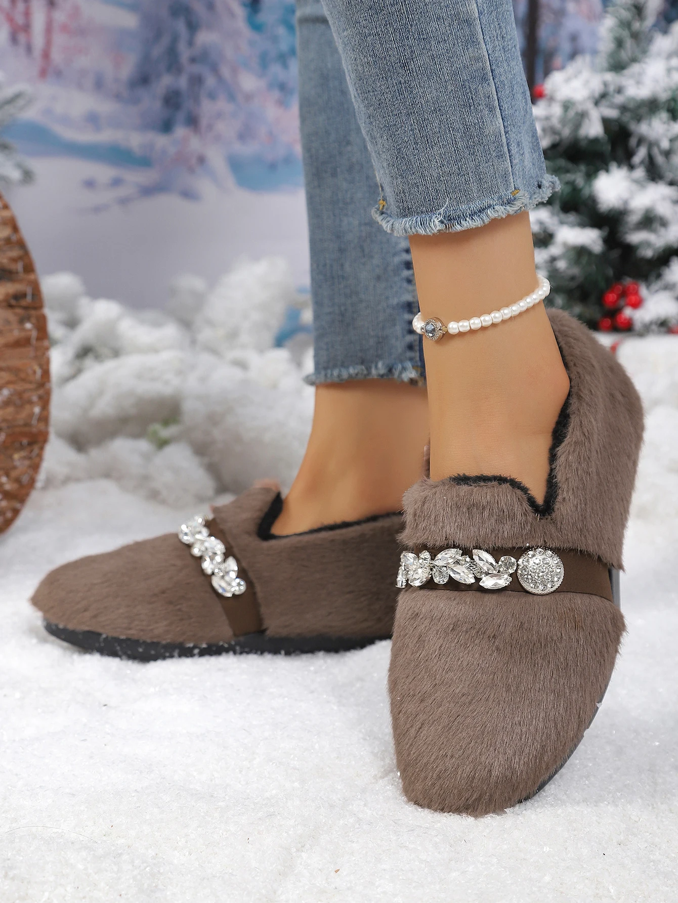 Damenstiefel, Pelzstiefel, Winterstiefel, flauschig, mit Strassverzierung, zum Hineinschlüpfen, warm, mit Fleece gefüttert, weiche Sohle, lässige Outdoor-Damenschuhe – Detail 6