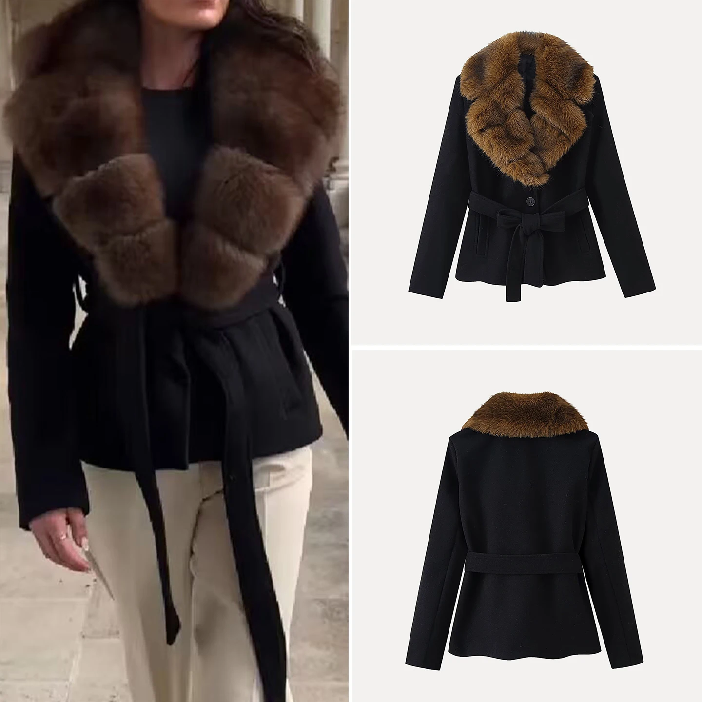 

Ele винтажное женское шерстяное пальто с меховым воротником, длинное свековое пальто с застежкой на талии, осень-зима, Новое поступление, бренд Z