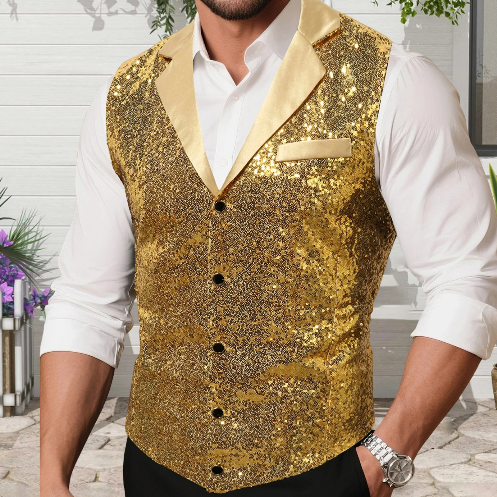 

Party Men's Sequin Suit Vest Casual British-Inspired Stylish Solid Lapel V Neck Button Down Sleeveless Jacket
