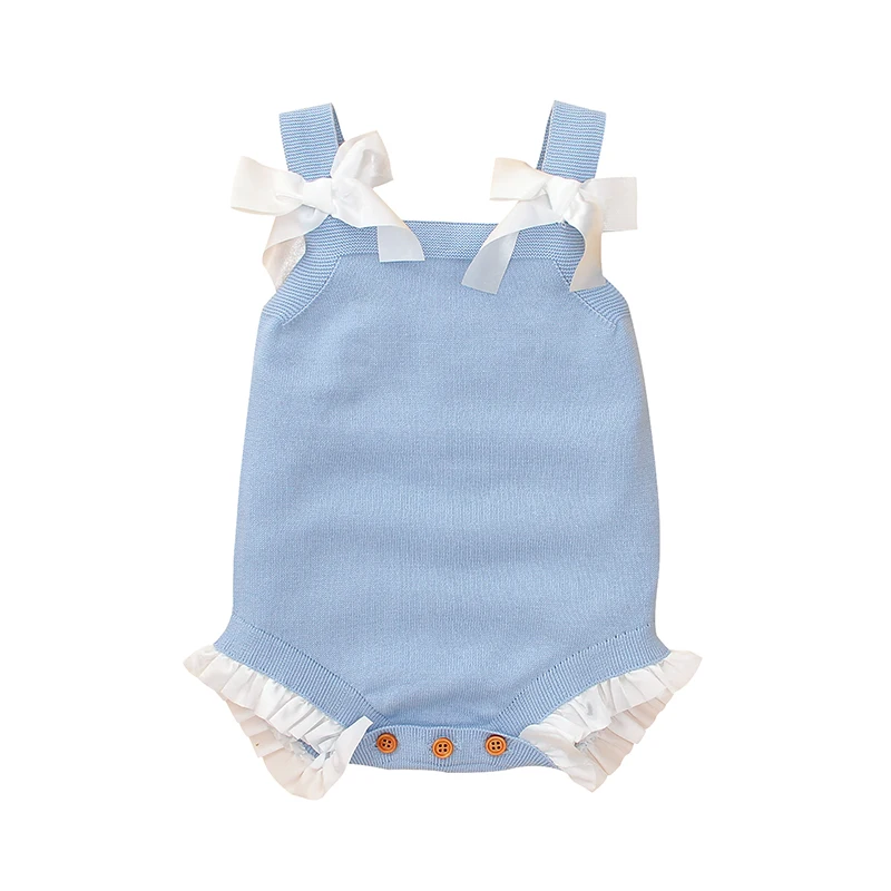 Adorkable Bowknot Spaghetti Straps Knitted Sleeveless Newborn Baby Girls Cotton Rompers Breathable Baby Bodysuit For Summer