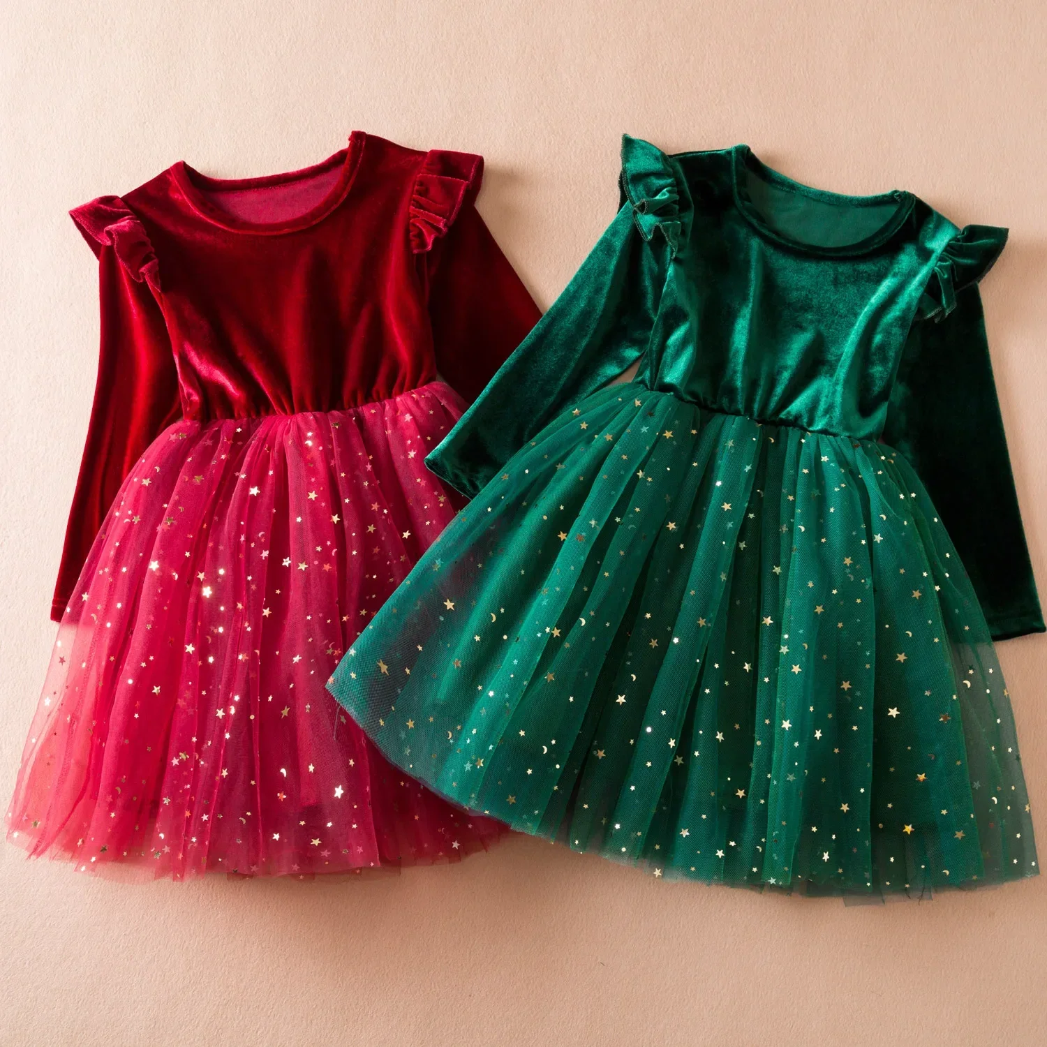 

Girls Christmas Evening Party Gowns Fashion Star Sequins Velvet Mesh Patchwork Princess Dress Red New Year Costume Kids Clothes