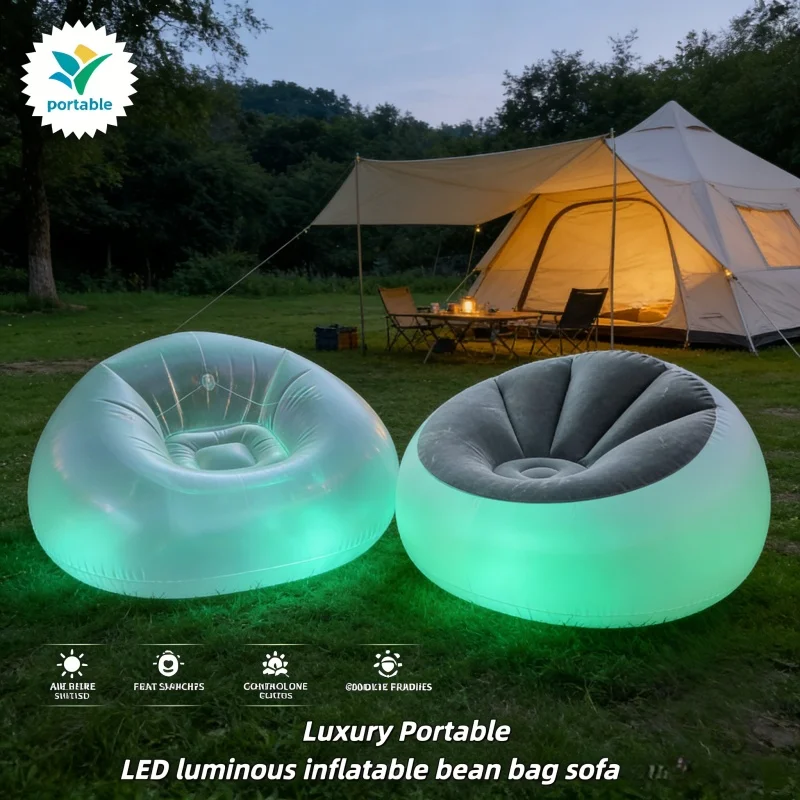 Luminous Inflatable Sofa  PVC Lazy Transparent Portable Inflatable LED Bean Bag Sofa, Single Person Household Plush Sofa Chair