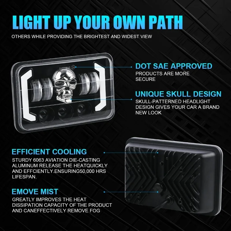 2Pcs LED Headlight 4x6 Inch Colorful Skull Glowing DRL Light For Truck Jeep Chevy Ford 4WD Offroad Headlamp 6000K 150W - view 3