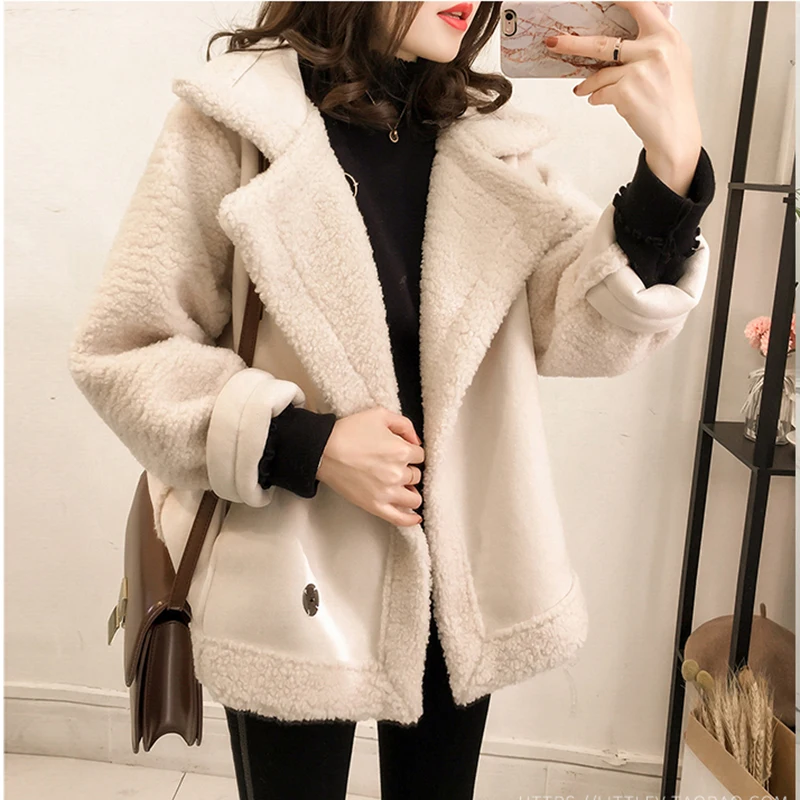 Lamb Wool Plush Shearling Long Sleeve Short Jacket Warm Loose Coat Casual New In Outwear Women Clothes Winter Vintage Streetwear