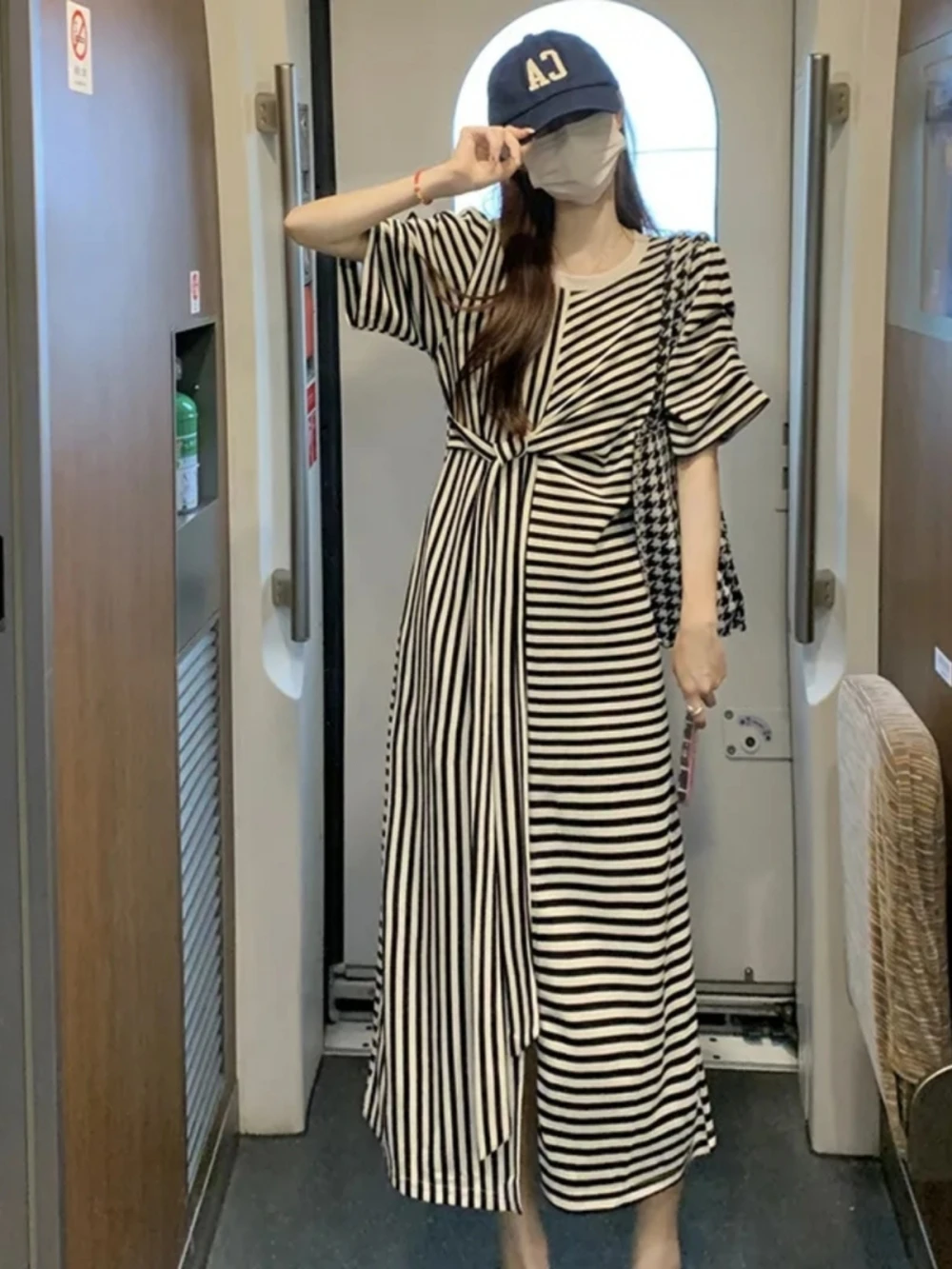 

plus Size Casual Stripe ort Sve Dr Women Loose Comfortable Long Split Skirt A-Line Korean Sle Summer Casual Dr