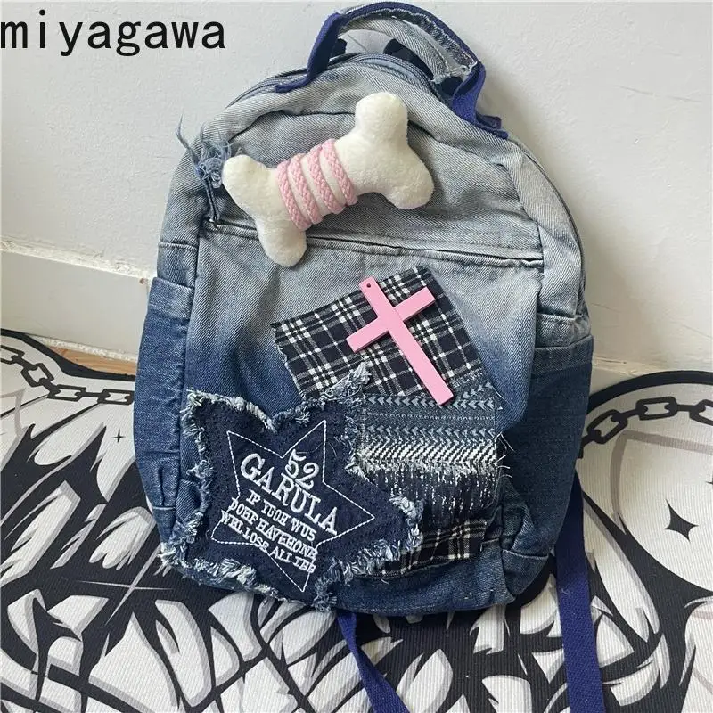 

Miyagawa Fashion Demin Backpack Girl Bone Design Star Student Backpacks 2023 New Causal Jeans College Preppy Style Schoolbags