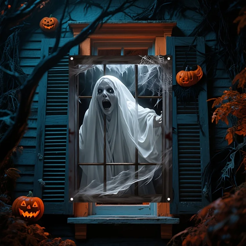 لافتة نافذة الهالوين، تصميم شبح مرعب، قماش بوليستر، ديكور جدار نافذة غرفة الحفلات