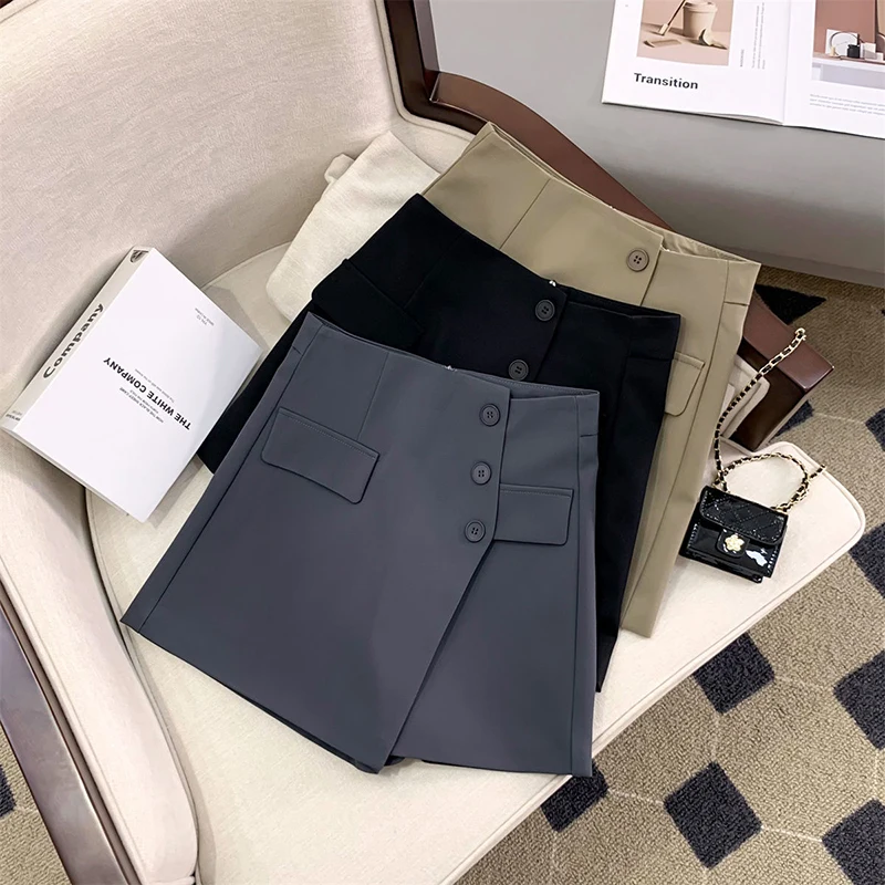 MEXZT, pantalones cortos para mujer, faldas coreanas irregulares, pantalones cortos de pierna ancha, pantalones cortos elegantes de cintura alta para oficina para mujer, traje informal liso, pantalones cortos