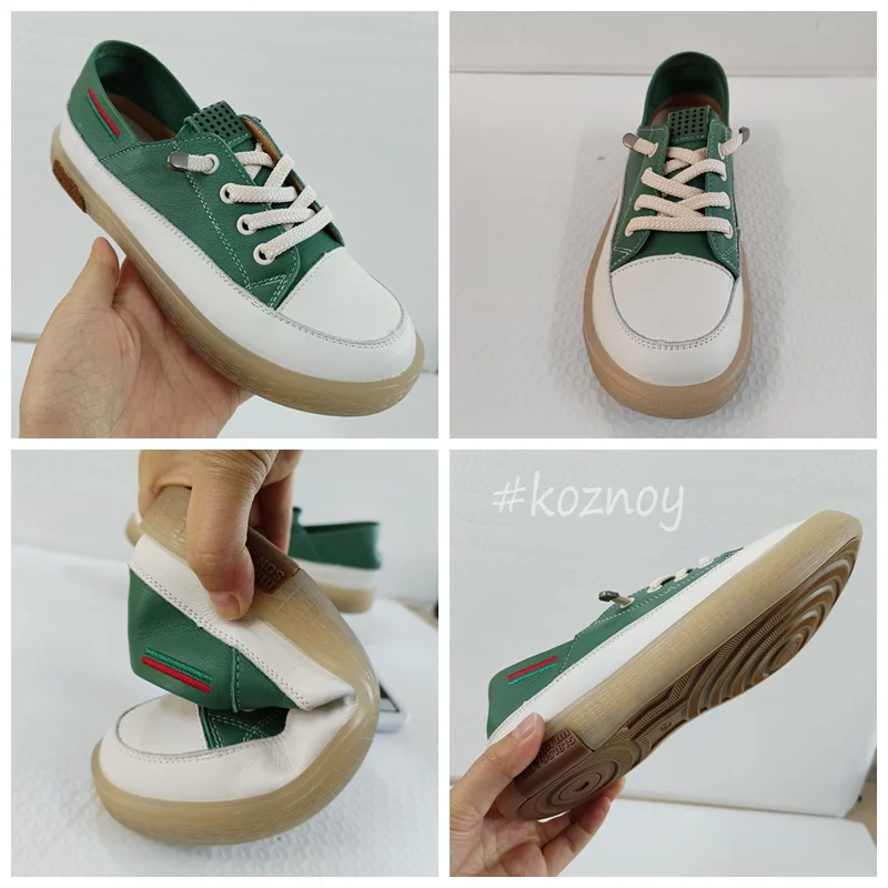 Koznoy Flat Women Shoes Genuine Leather 2cm Cow Ladies Summer Autumn Summer Comfy Women Fairy Leisure Lace Up Nurse Multicolor