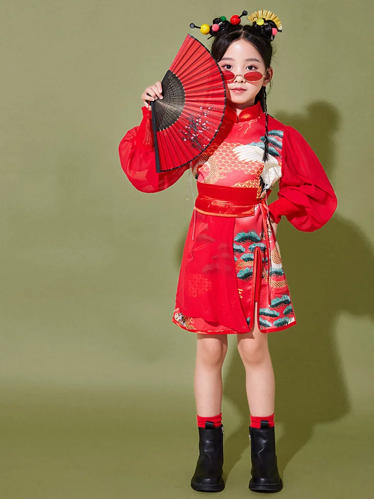 Kids Cheongsam Hanfu Costume Dragon Print Red Tops Black Pants for Girls Boys Chinese Traditional Clothing