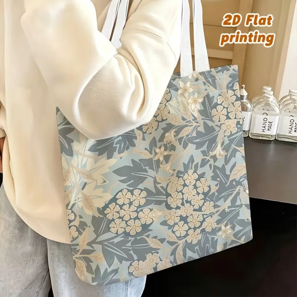 Morandi Tone Pastel Floral Botanical Canvas Shoulder Bag Elegant Wild Flower Pattern Eco Friendly Reusable Tote Handbag Ladies