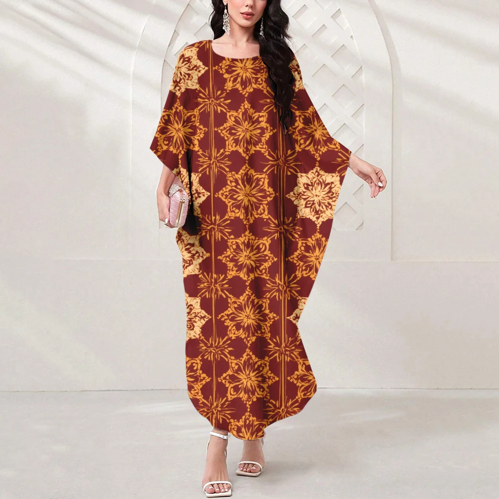 Summer Dubai Women's Muslim Abaya Dress Vintage Classic Geometric Print Casual Dress Islamic Women's Crew-neck Muslim Dress