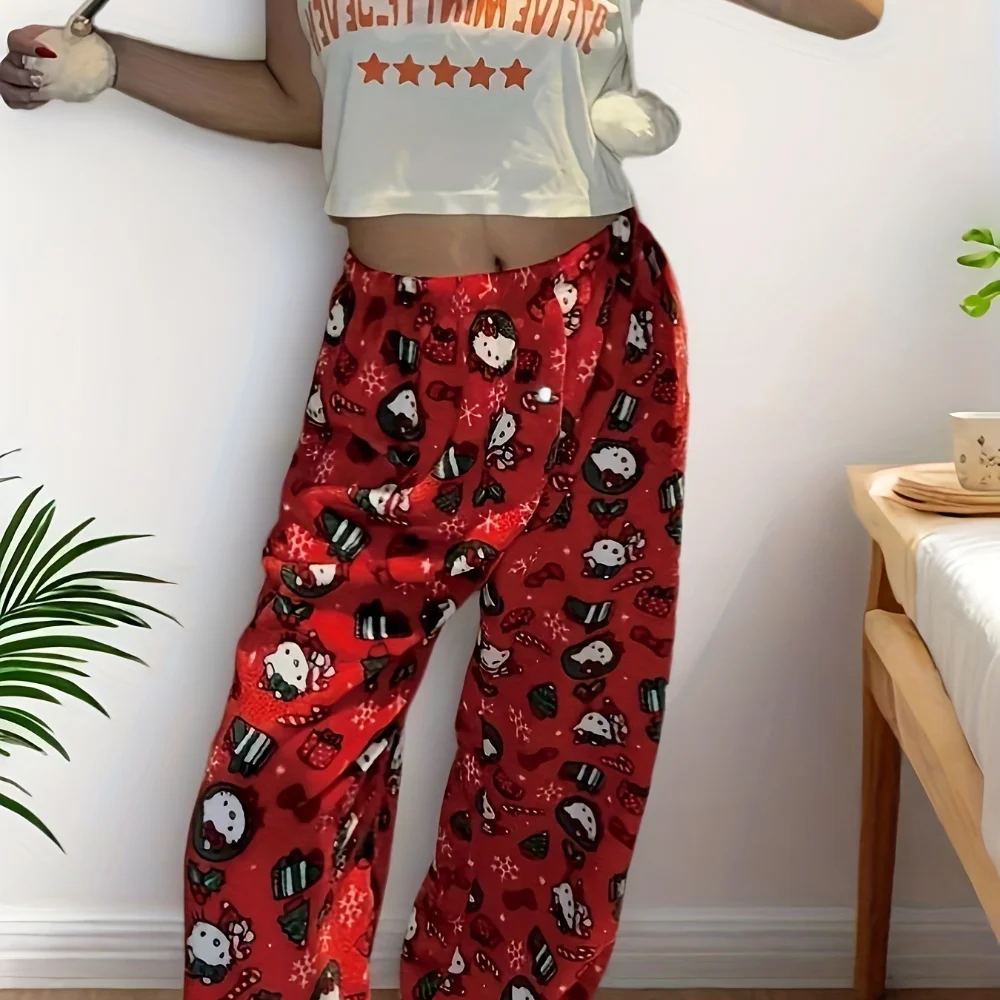 

Женские пижамы в стиле аниме «Hello Kitty», женские брюки на Хэллоуин, рождественские повседневные брюки, утолщенные теплые домашние брюки с героями мультфильмов «Каваи»