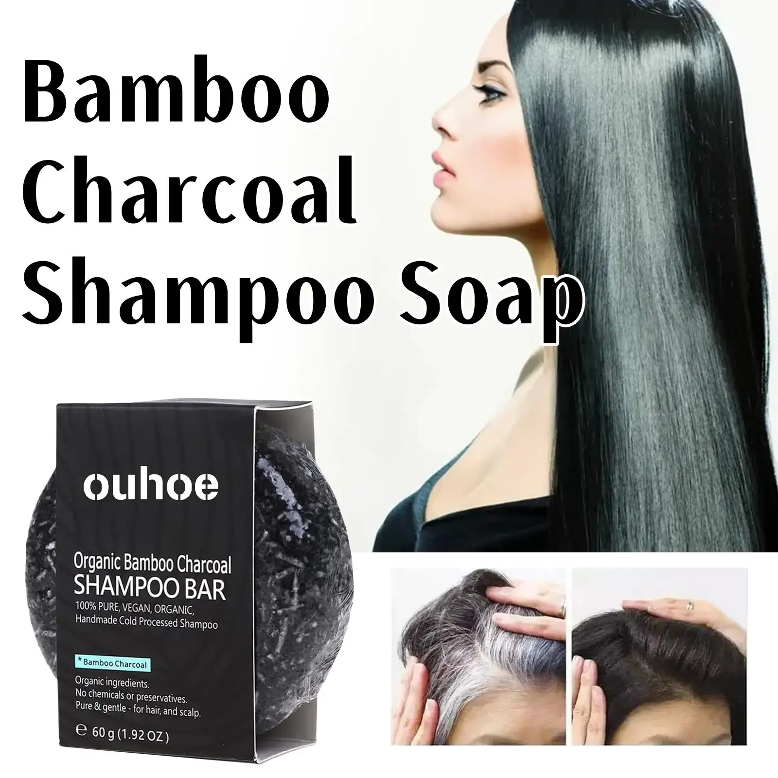 Bambuskohle-Shampoo-Seife, Tiefenreinigung der Kopfhaut, schafft dunkles und dickes Haar, verbessert die Trockenheit, nährt die Haarkohl-Shampoo-Seife